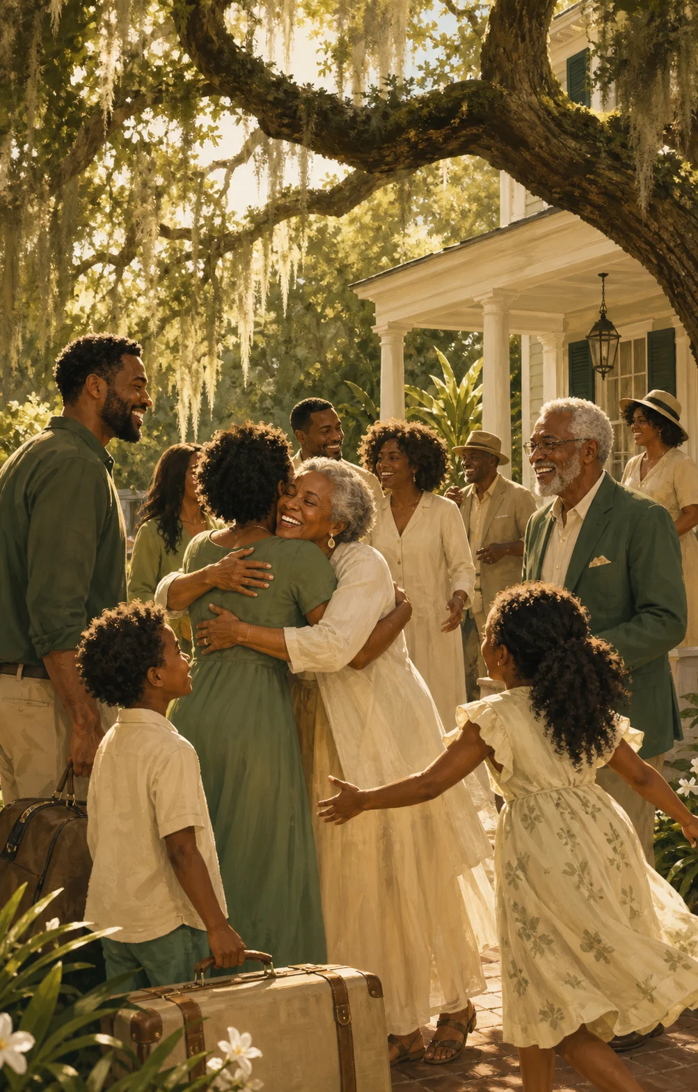 A multigenerational family sharing a joyful homecoming in Charleston
